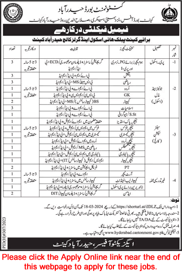 Cantt Public High School and Girls College Hyderabad Jobs 2024 March Apply Online Teaching Faculty Latest