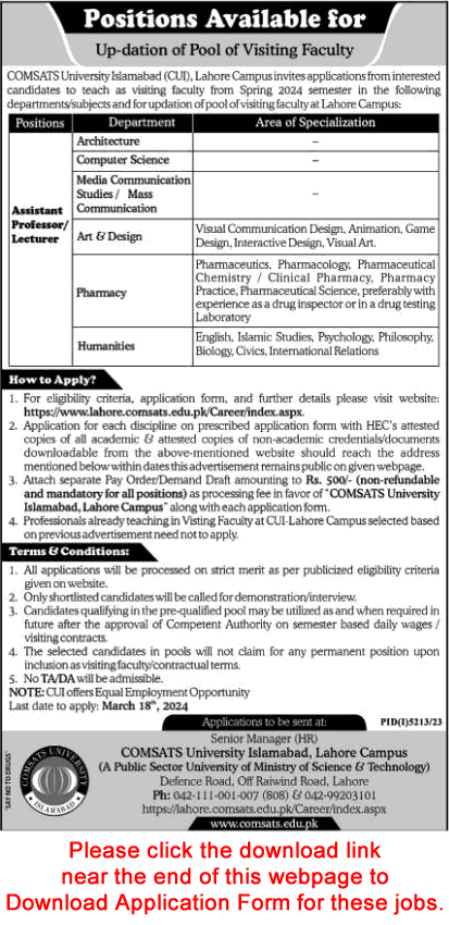 COMSATS University Lahore Jobs March 2024 CUI Visiting Faculty / Lecturers / Assistant Professors Latest