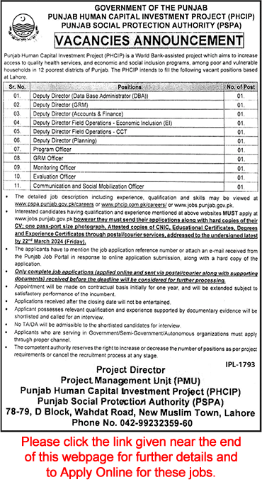 PHCIP Lahore Jobs March 2024 Online Apply Punjab Human Capital Investment Project PSPA Latest