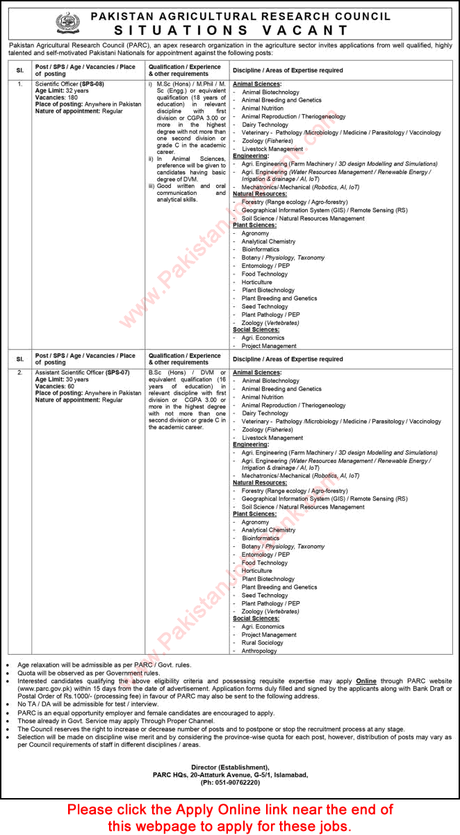 PARC Jobs 2024 March Online Apply Assistant / Scientific Officers Latest Advertisement