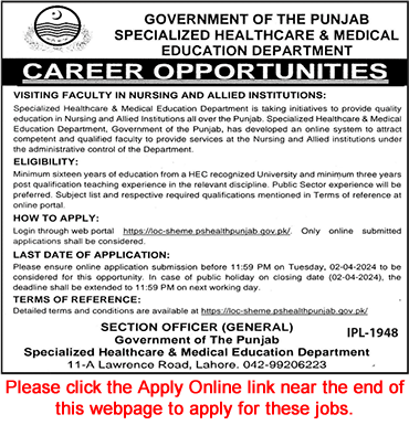 Specialized Healthcare & Medical Education Department Punjab Jobs March 2024 Online Apply Visiting Faculty Latest