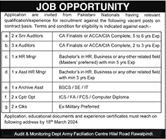 Pakistan Army Facilitation Center Rawalpindi Jobs March 2024 Auditors & Others Latest