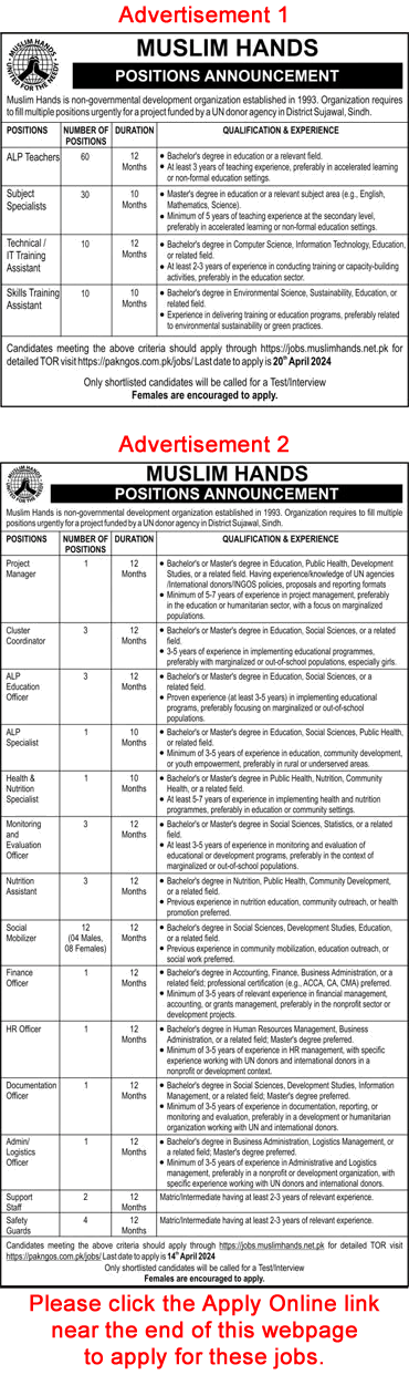 Muslim Hands Sujawal Jobs 2024 April Sindh Apply Online NGO Teachers, Social Mobilizers & Others Latest