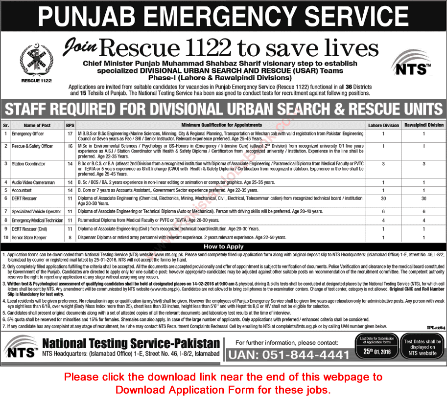 Rescue 1122 Jobs 2016 In Lahore Rawalpindi NTS Application Form USAR 