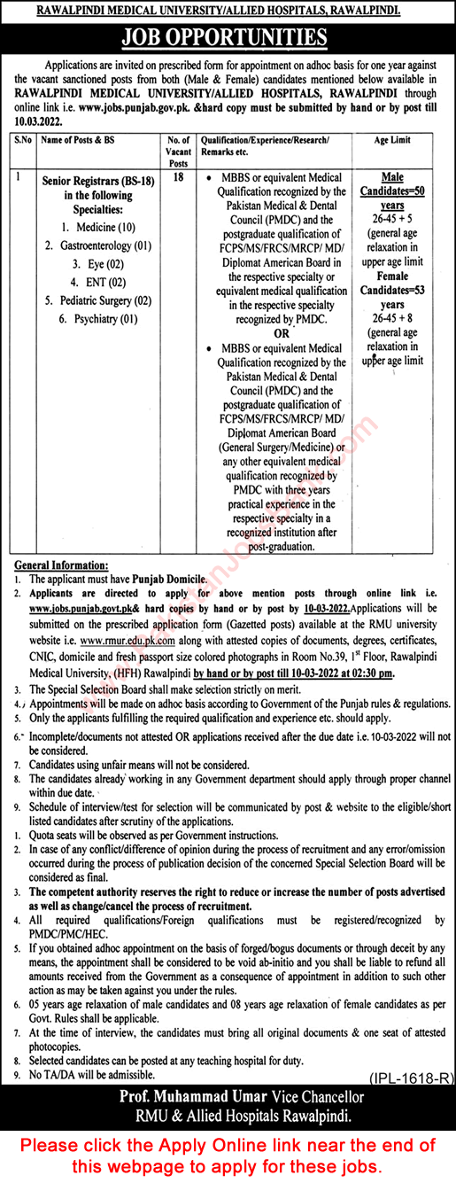Senior Registrar Jobs in Rawalpindi Medical University / Allied Hospitals 2022 February Apply Online Latest