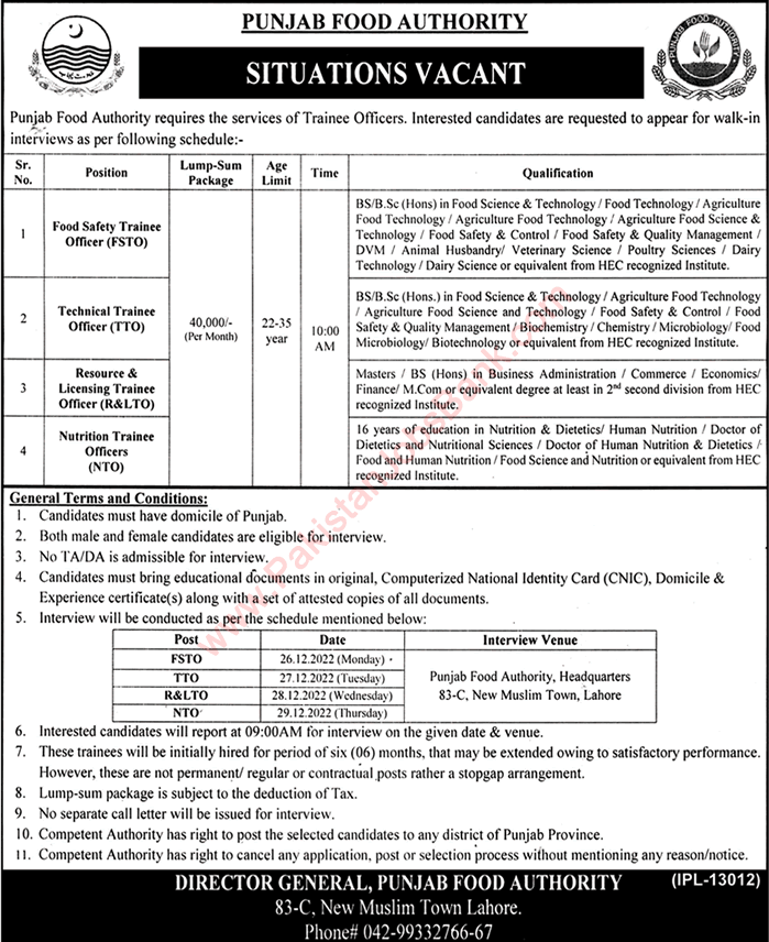 Punjab Food Authority Jobs 2022 December Trainee Officers Walk in Interview Latest