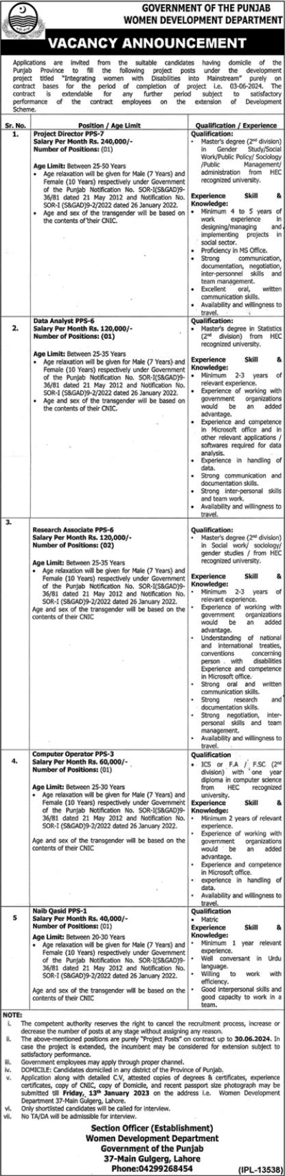 Women Development Department Punjab Jobs December 2022 / 2023 Research Associates & Others Latest