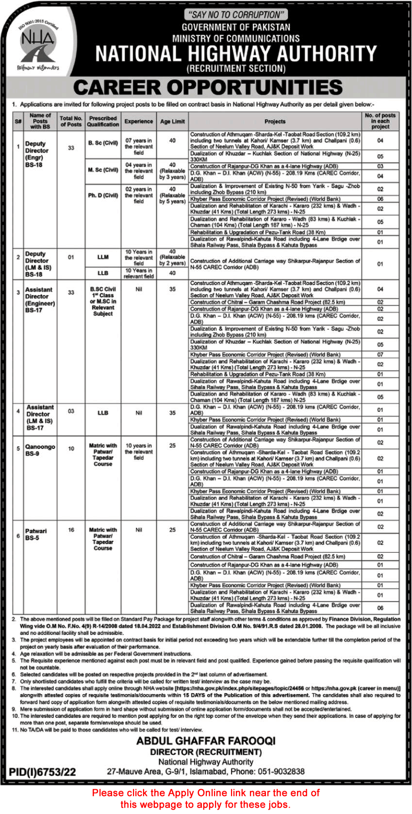 National Highway Authority Jobs 2023 May Apply Online Assistant Directors & Others NHA Latest