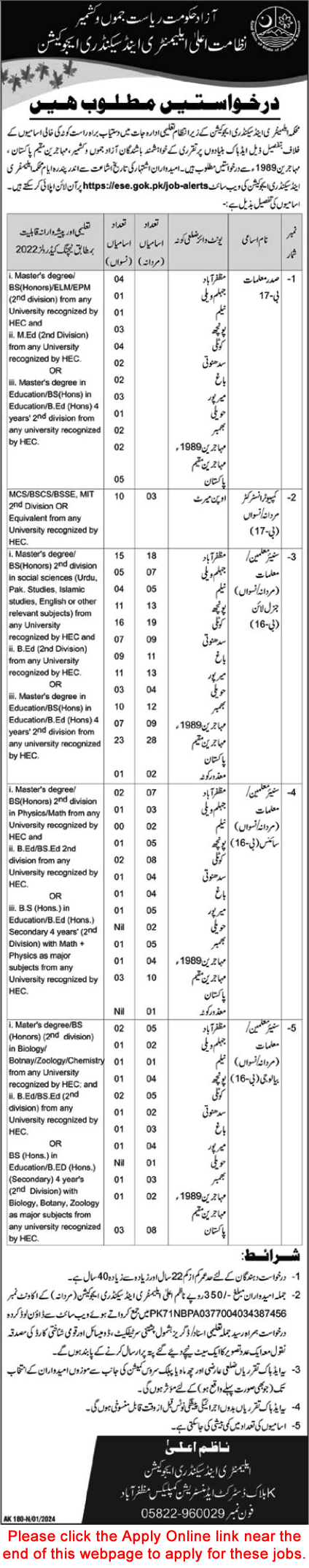 Elementary and Secondary Education Department AJK Jobs 2024 Apply Online Teachers & Instructors Latest