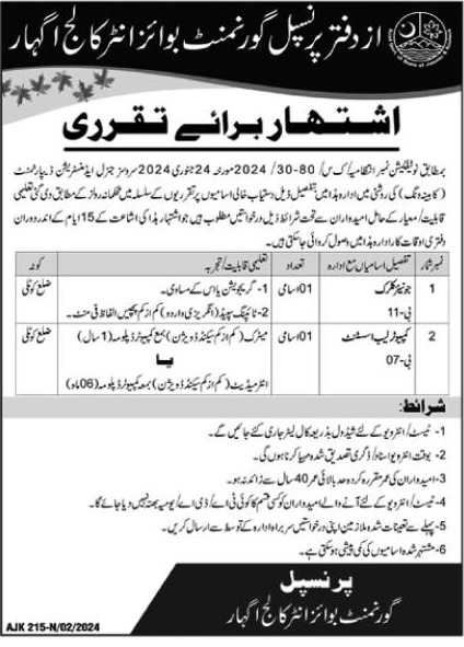 Government Boys Inter College Aghar Kotli 2024 February Clerk & Computer Lab Assistant Latest