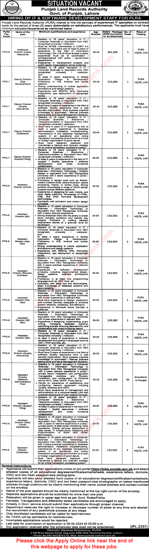Punjab Land Records Authority Jobs March 2024 PLRA Lahore Online Apply IT & Software Development Staff Latest