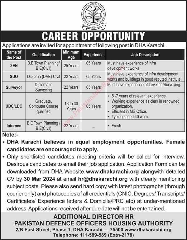 DHA Karachi Jobs March 2024 XEN, SDO, Surveyor, UDC, LDC & Interns Latest