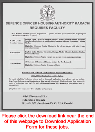 DHA Karachi Jobs 2022 March Application Form Teaching Faculty Defence Officer Housing Authority Latest