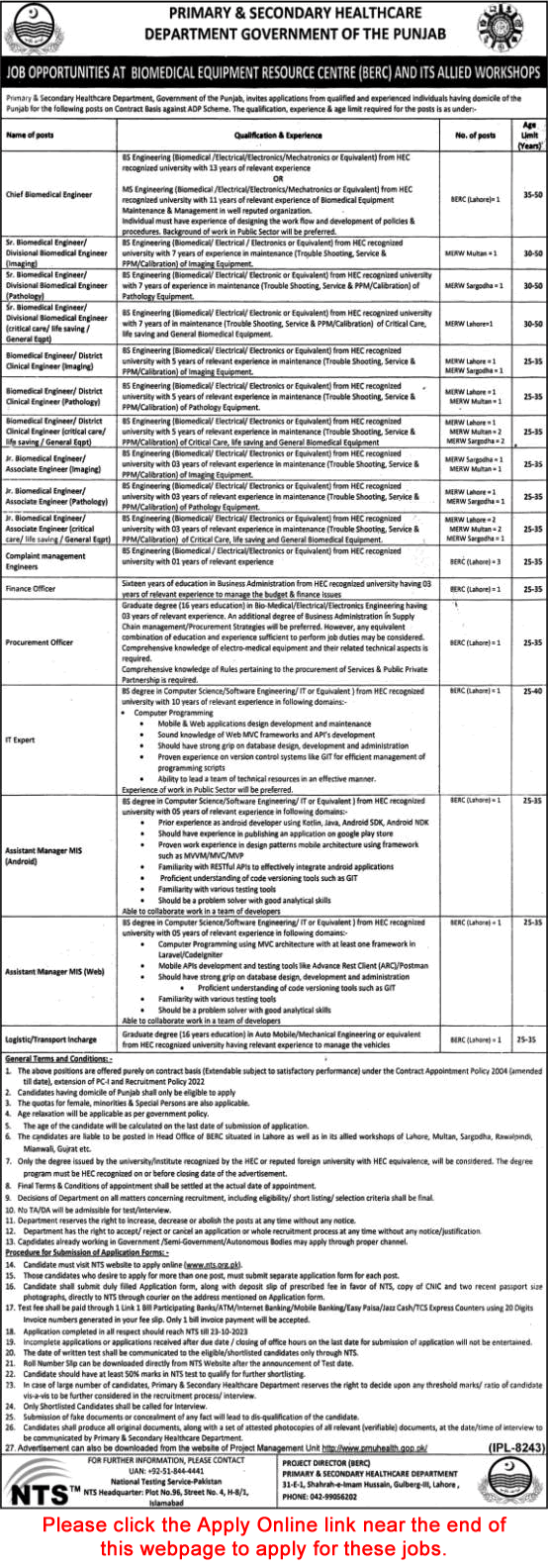 Primary and Secondary Healthcare Department Punjab Jobs October 2023 NTS Apply Online Biomedical Engineers & Others Latest