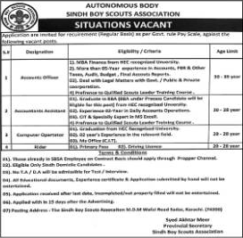 Sindh Boy Scouts Association Jobs 2023 October Accounts Officer, Admin Assistant & Computer Operator Latest