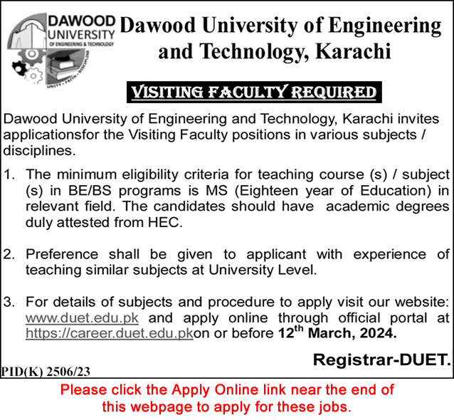 Visiting Faculty Jobs in Dawood University of Engineering and Technology Karachi 2024 March Apply Online Latest