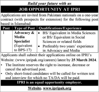 Advocacy & Media Specialist Jobs in Islamabad March 2024 Pakistan IPRI Latest