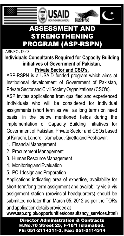 Assessment and Strengthening Program (ASP-RSPN) Required Consultants