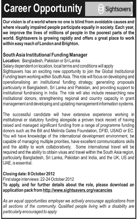 An NGO Requires South Asia Institutional Funding Manager (NGO jobs)