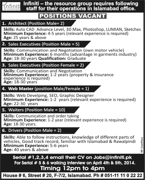 Infiniti Islamabad Jobs 2014 April for Sales Executives, Architects, Web Master, Waiters & Drivers