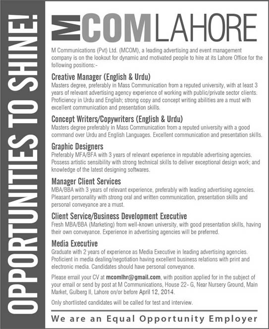 M Communications Pvt. Ltd Lahore Jobs 2014 April for Creative Manager, Copy Writers, Media Executive & Others