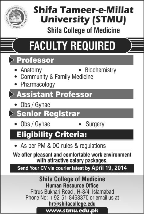 Shifa Tameer-e-Millat University Islamabad Jobs 2014 April for Teaching Faculty