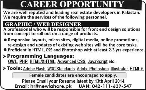 Graphic / Web Designer Jobs in Lahore 2014 April at a Real Estate Developers