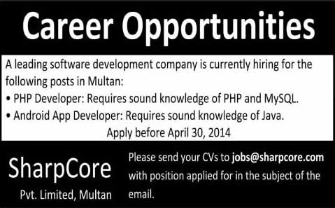 Android Apps & PHP Developer Jobs in Multan 2014 April at SharpCore (Pvt.) Limited