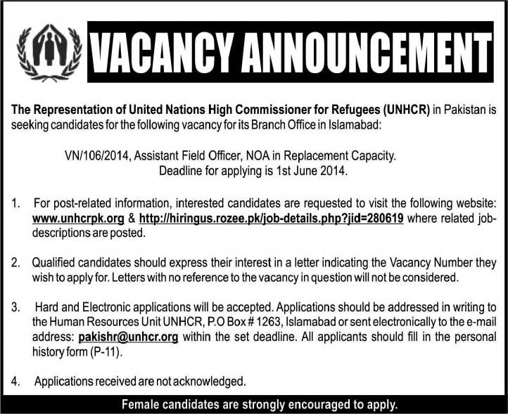 UNCHR Pakistan Jobs 2014 May for Assistant Field Officer
