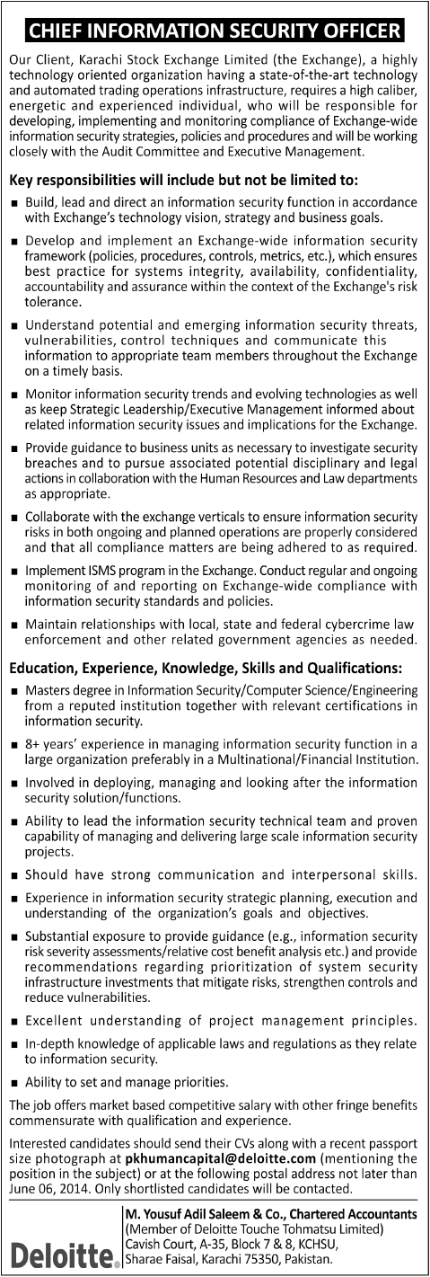 Information Security Jobs 2014 May at Karachi Stock Exchange