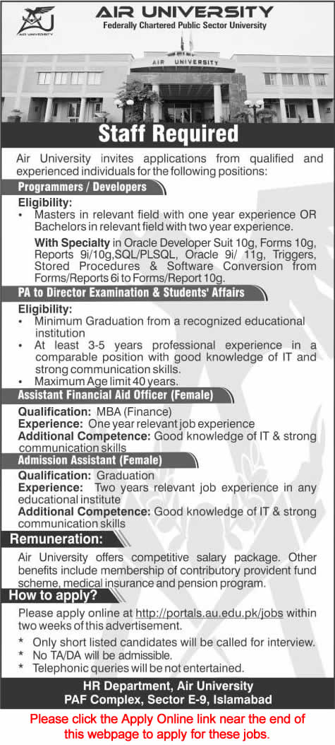 Air University Islamabad Jobs 2015 Programmers / Software Developers & Admin Staff