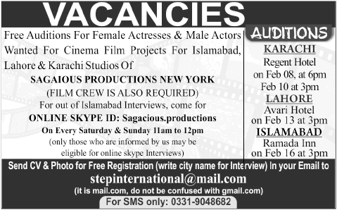 Actors, Actresses & Film Crew Jobs in Islamabad / Lahore / Karachi 2015 February Sagaious Production Pakistan