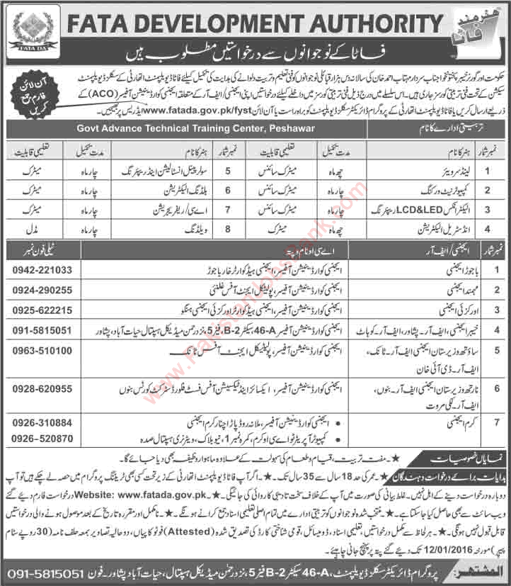 FATA Development Authority Free Courses in Peshawar December 2015 /2016 Government Advance Technical Training Center