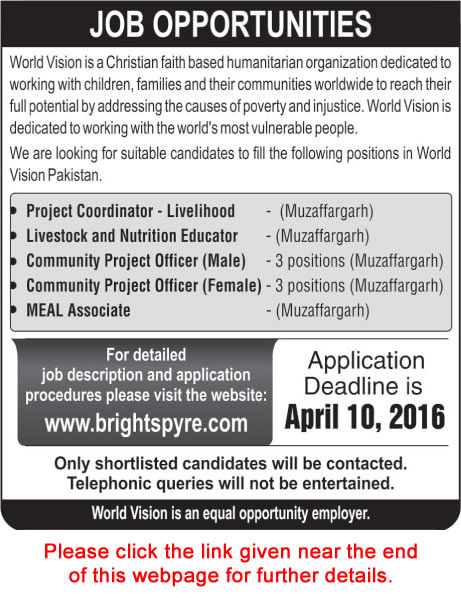 World Vision Pakistan Jobs 2016 April Muzaffargarh Project Officers / Coordinator & Others Latest