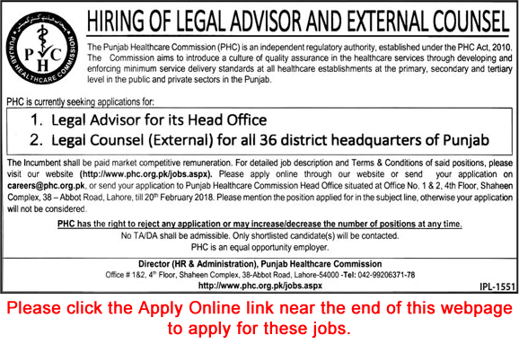 Punjab Healthcare Commission Jobs 2018 February Apply Online Legal Advisors & Counsel Latest