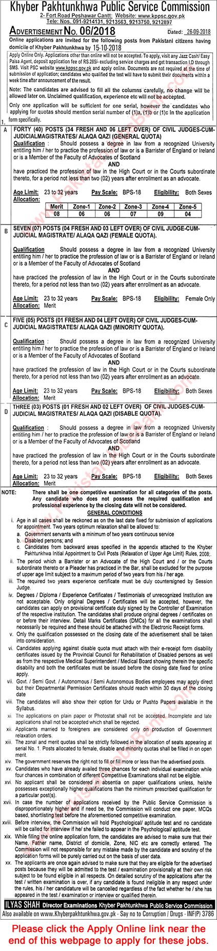 KPPSC Jobs September 2018 October KPK Public Service Commission Civil Judge Apply Online Advertisement No. 6/2018 Latest