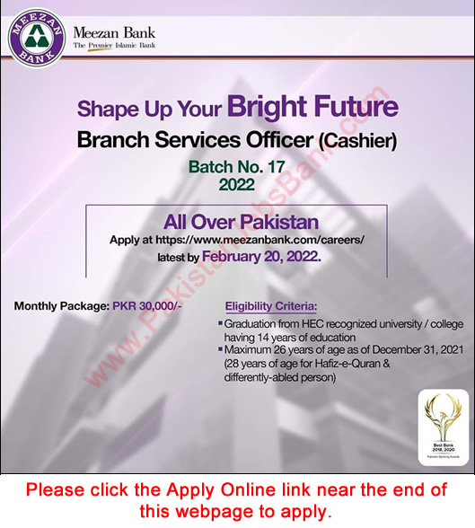 Cashier Jobs in Meezan Bank 2022 February Apply Online Branch Services Officers Latest