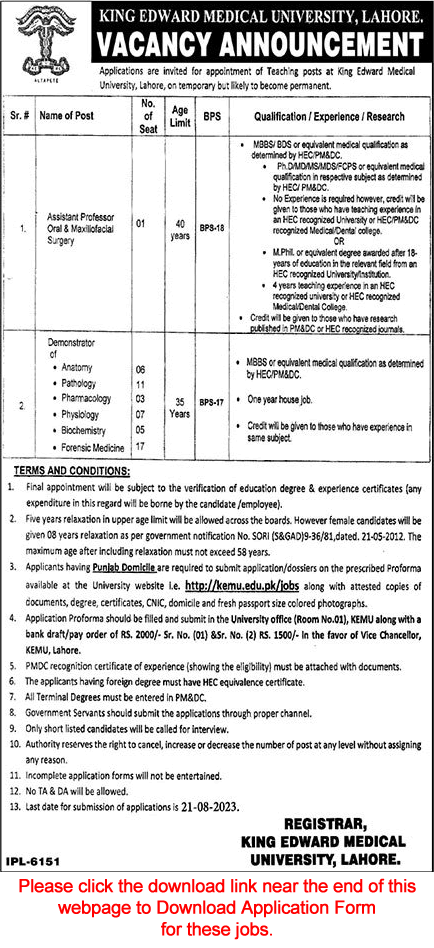 King Edward Medical University Lahore Jobs August 2023 Application Form Teaching Faculty Latest