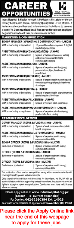 Indus Hospital Jobs November 2023 Lahore / Multan Online Apply Latest