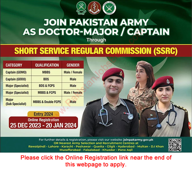 Join Pakistan Army as GDMO & Specialist Doctor December 2023 / 2024 Online Registration through Short Service Regular Commission