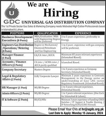 Universal Gas Distribution Company (UGDC) Jobs 2024 Islamabad / Lahore Latest