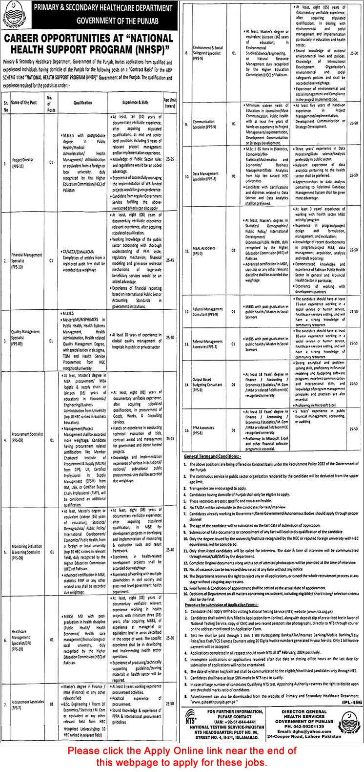 Primary and Secondary Healthcare Department Punjab Jobs 2024 NTS Apply Online National Health Support Program NHSP Latest