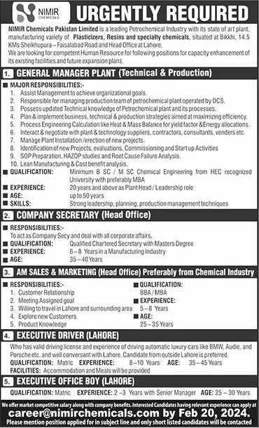 NIMIR Chemicals Pakistan Limited Jobs 2024 February General Manager & Others Latest