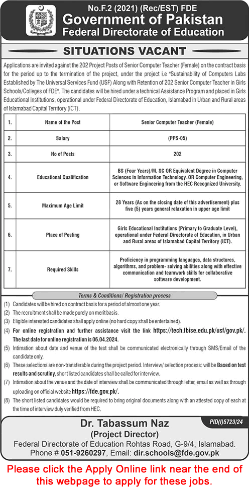 Female Computer Teacher Jobs in Federal Directorate of Education 2024 March Apply Online FDE Girls Schools / Colleges Latest