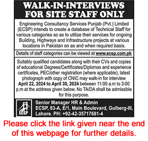 Engineering Consultancy Services Punjab Jobs 2024 April Resident Engineers & Others ECSP Walk in Interviews Latest