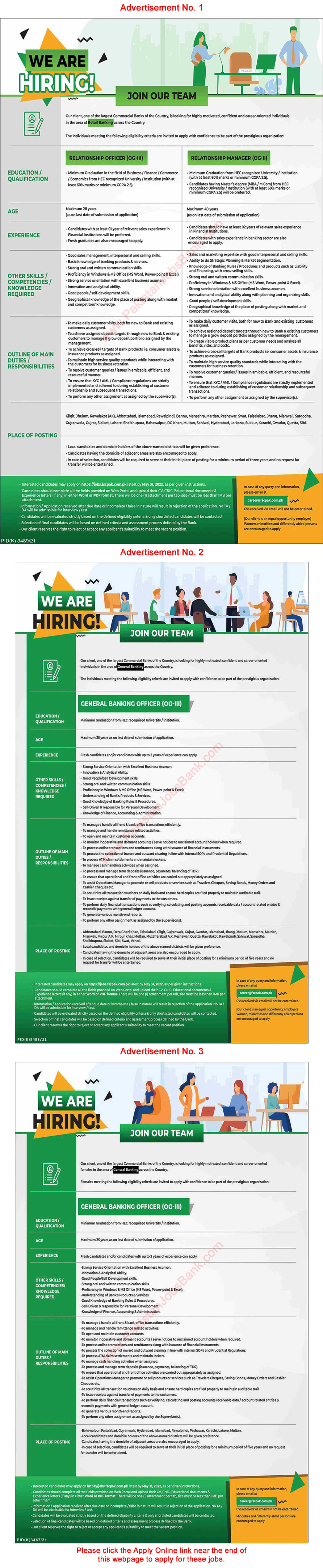 Banking Jobs In Pakistan May 2022 Apply Online Relationship Officers 