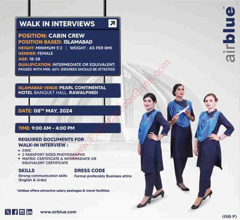 Airhostess Jobs in Air Blue May 2024 Female Cabin Crew Walk in Interviews Latest