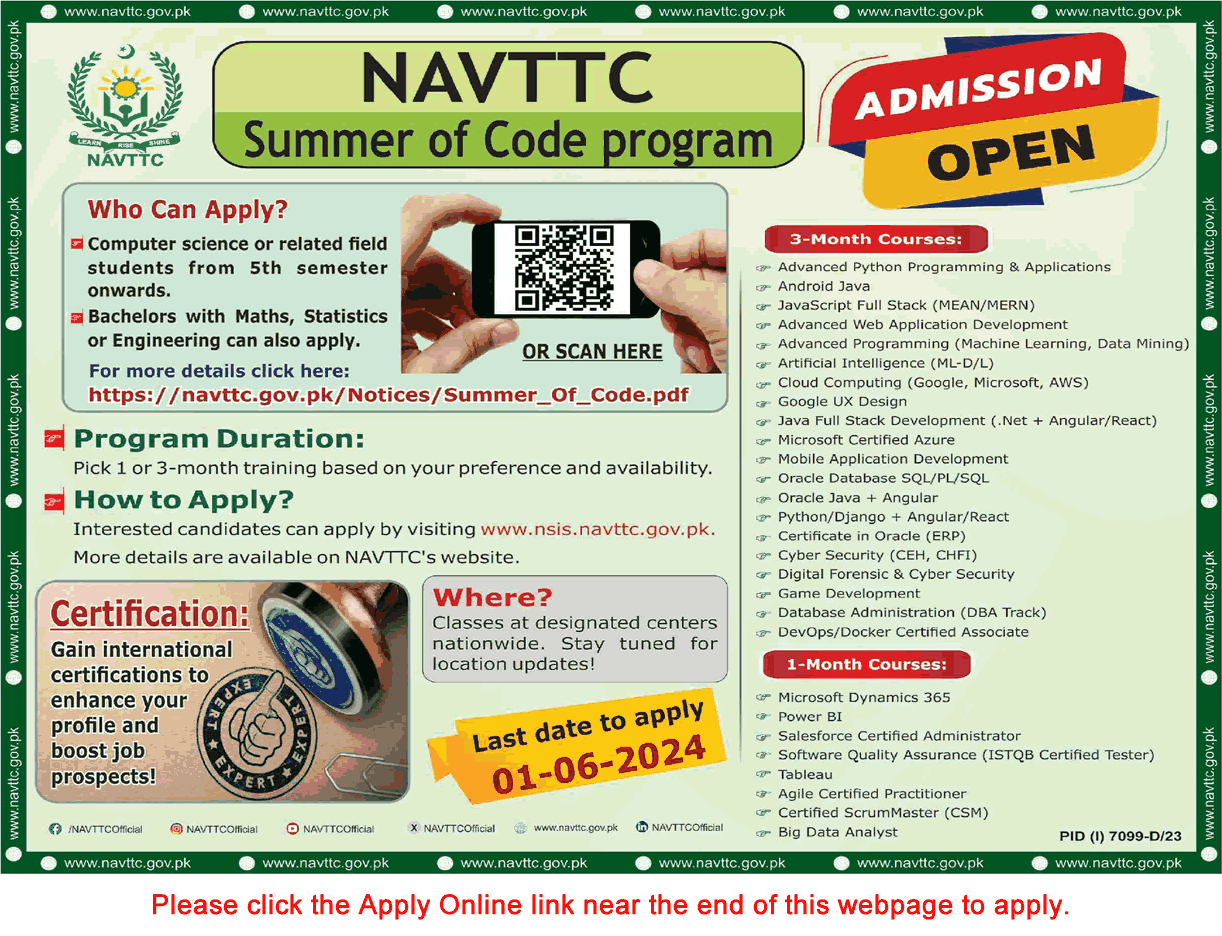 NAVTTC Free IT Courses May 2024 Apply Online Summer of Code Program Latest
