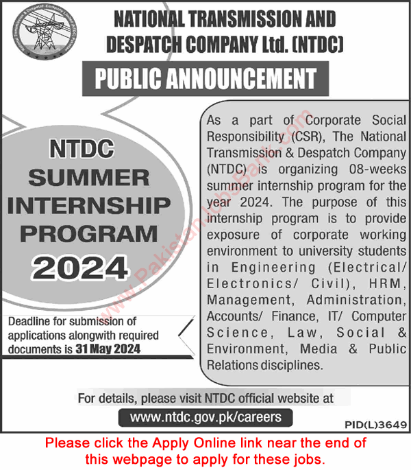 NTDC Summer Internship Program 2024 May Apply Online WAPDA Latest