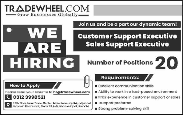Trade Wheel Pakistan Karachi Jobs 2024 May for Customer / Sales Support Executives Latest